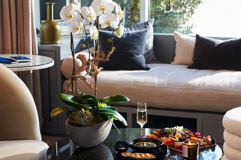 Private Suite comfortable seating with orchid, charcuterie board, caviar and champagne on table.